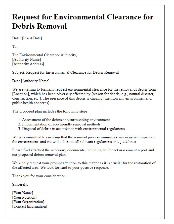 Letter template of request for environmental clearance for debris removal