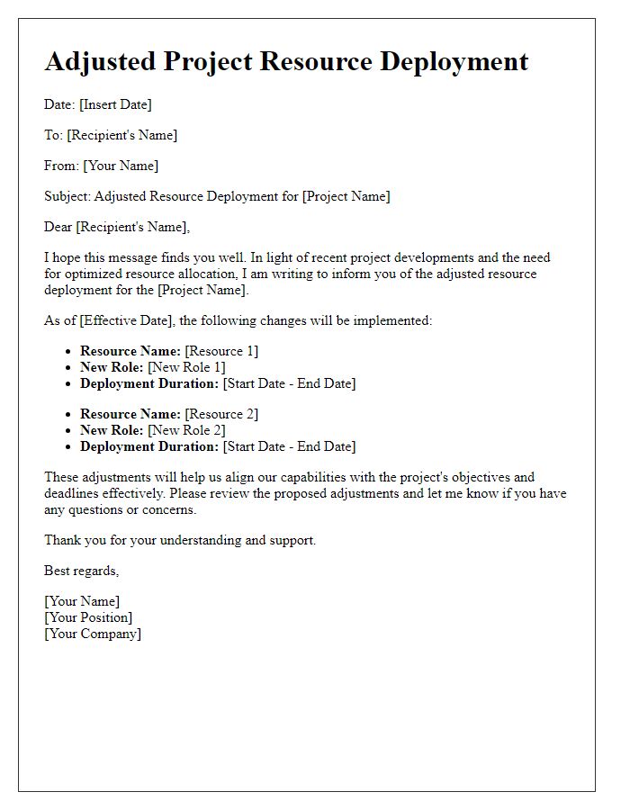 Letter template of adjusted project resource deployment