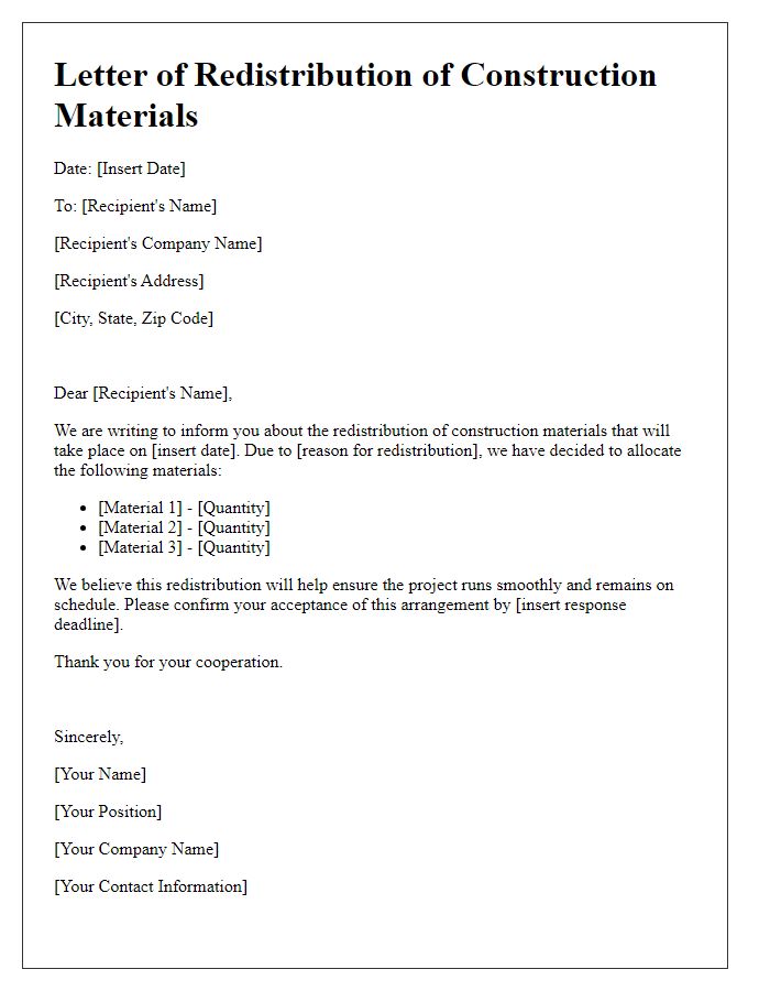 Letter template of construction materials redistribution