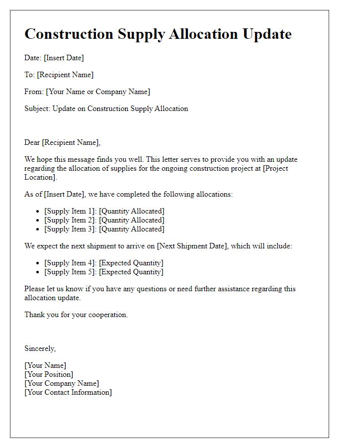 Letter template of construction supply allocation update