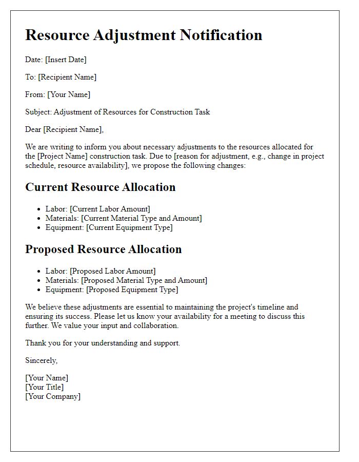 Letter template of construction task resource adjustment