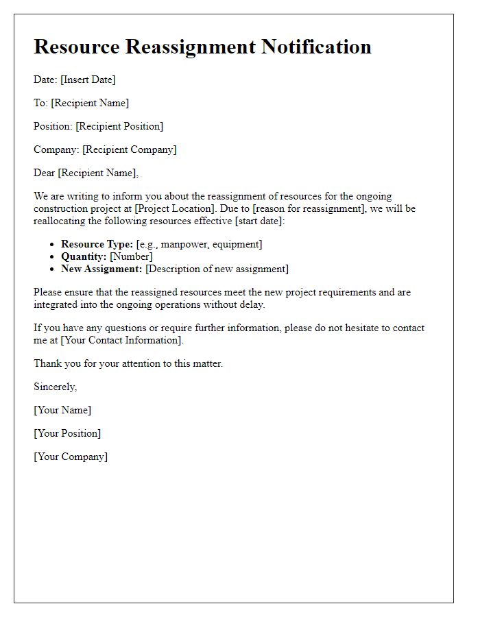 Letter template of resource reassignment in construction planning