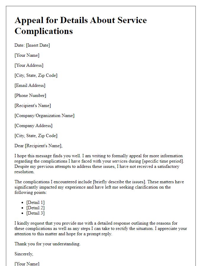 Letter template of appeal for details about service complications faced