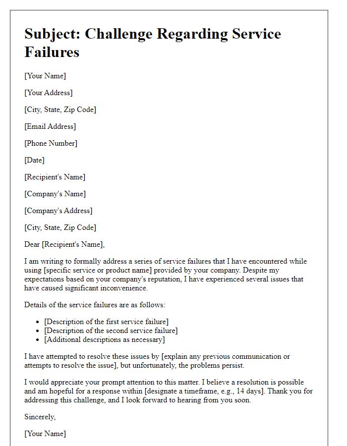 Letter template of challenge regarding service failures encountered