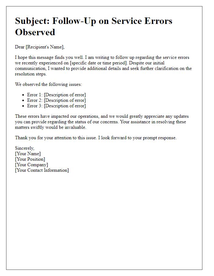 Letter template of follow-up concerning service errors observed