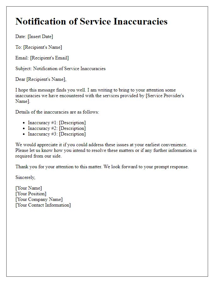 Letter template of notification about service inaccuracies encountered