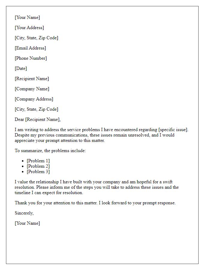 Letter template of response needed for service problems addressed