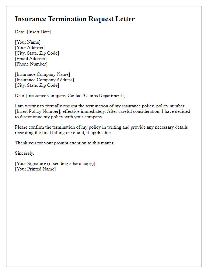 Letter template of formal insurance termination request