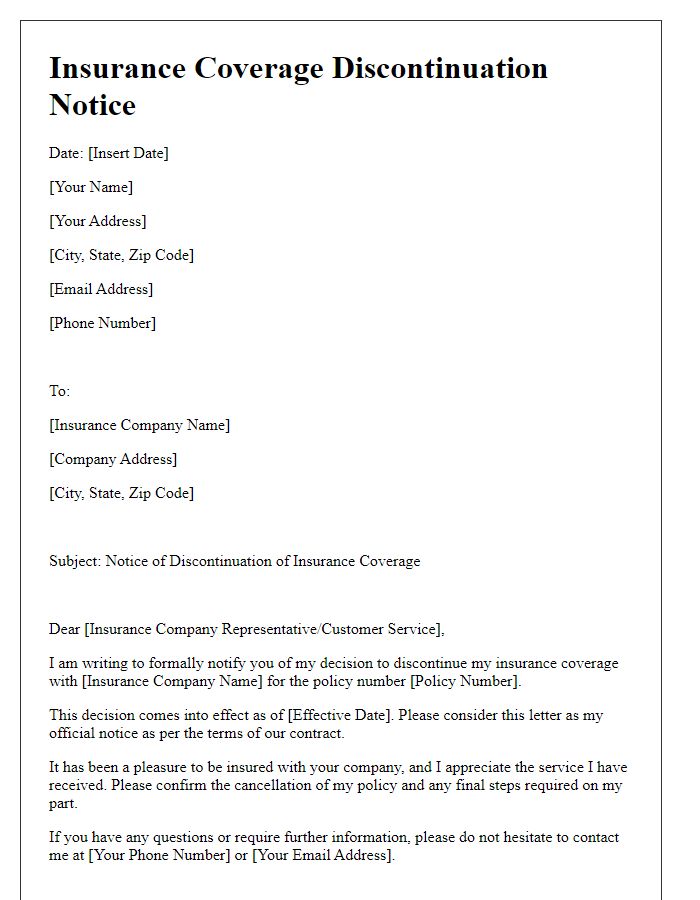 Letter template of insurance coverage discontinuation