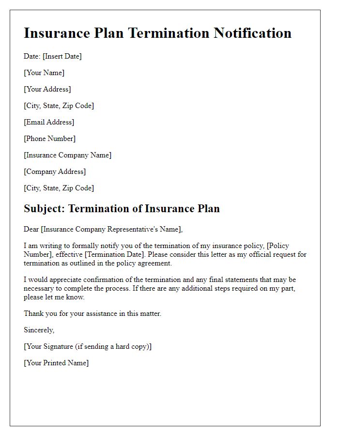 Letter template of insurance plan termination