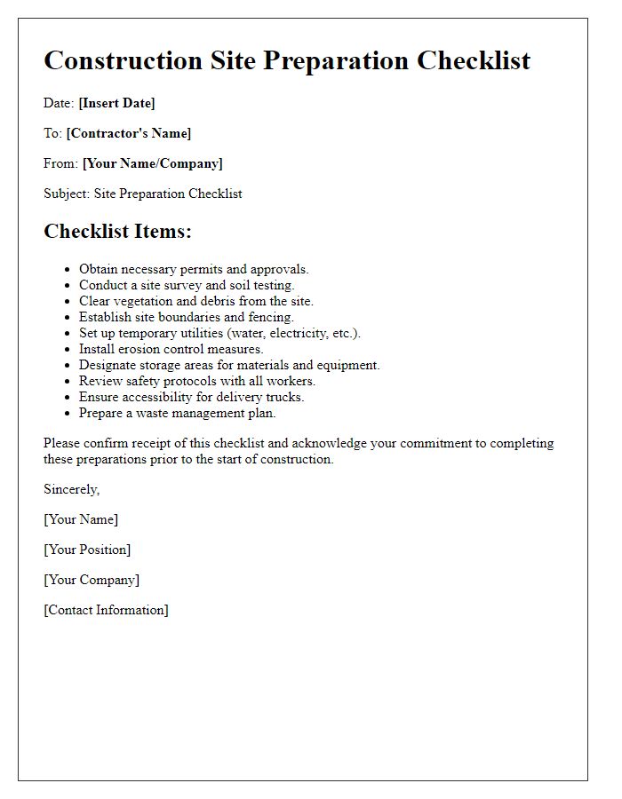 Letter template of construction site preparation checklist for contractors