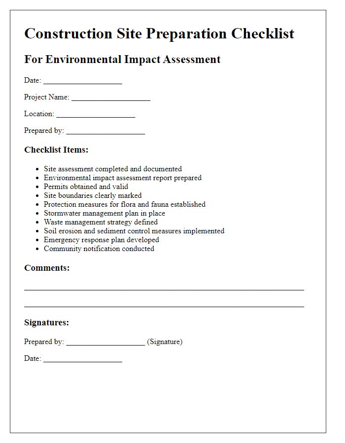 Letter template of construction site preparation checklist for environmental impact assessment