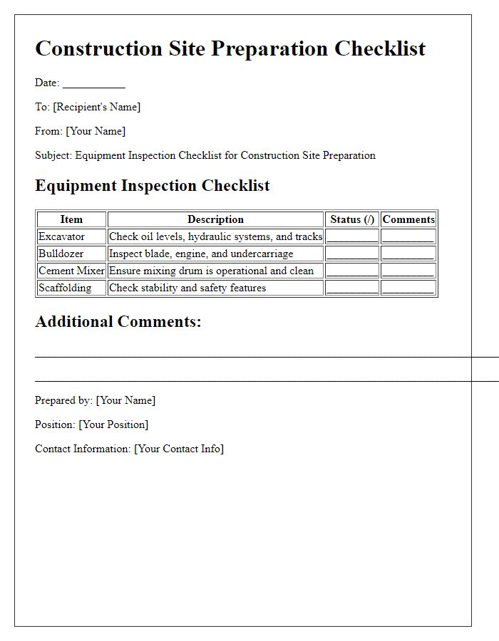 Letter template of construction site preparation checklist for equipment inspection