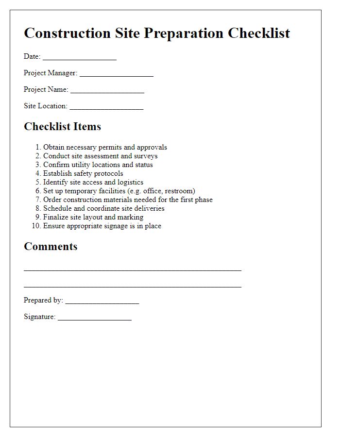 Letter template of construction site preparation checklist for project managers