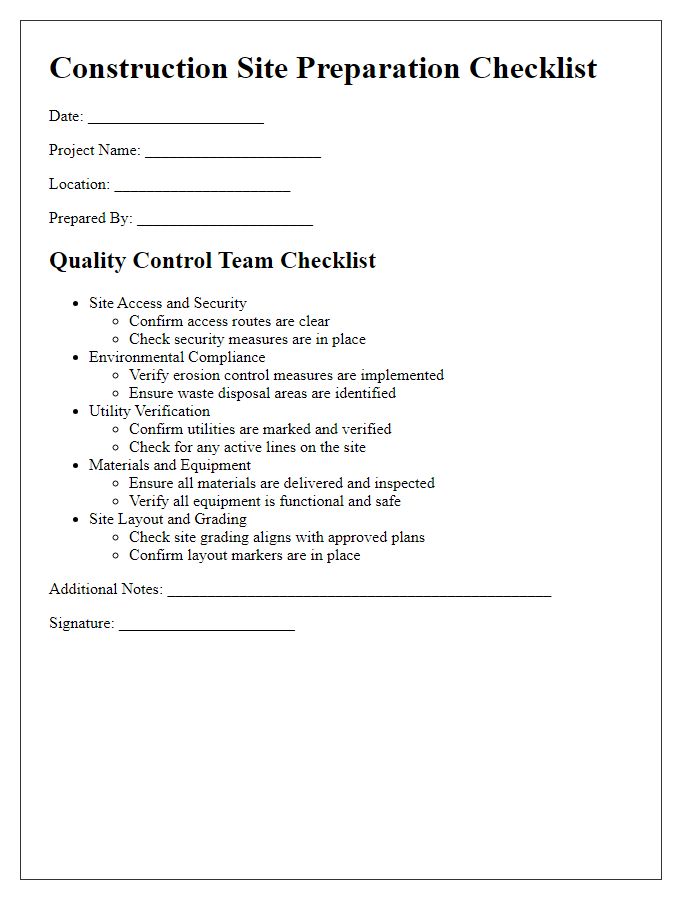 Letter template of construction site preparation checklist for quality control teams