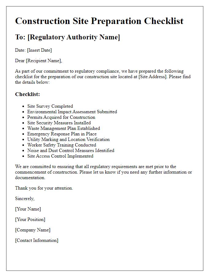 Letter template of construction site preparation checklist for regulatory compliance