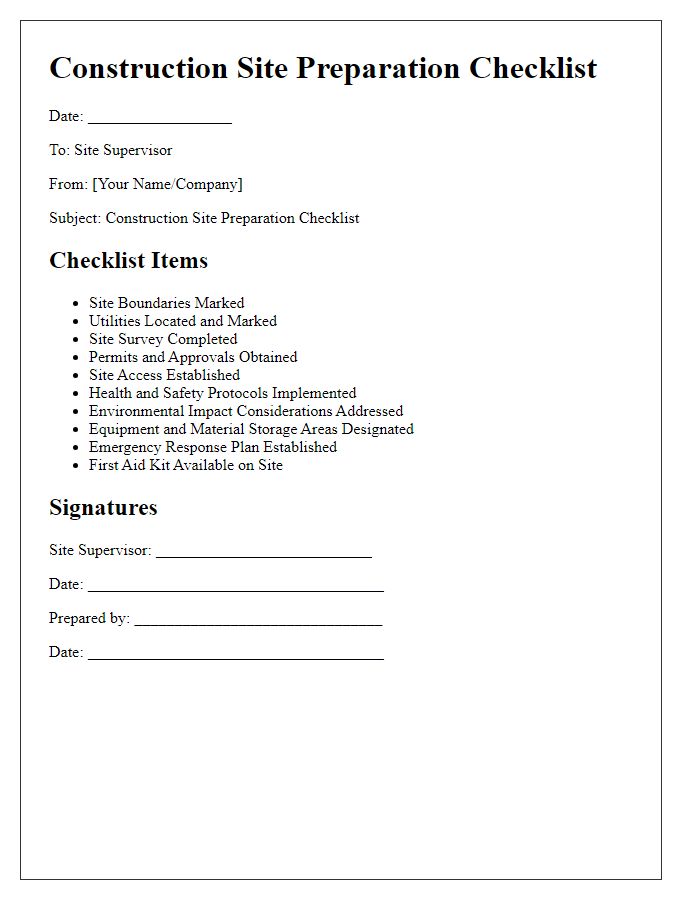 Letter template of construction site preparation checklist for site supervisors