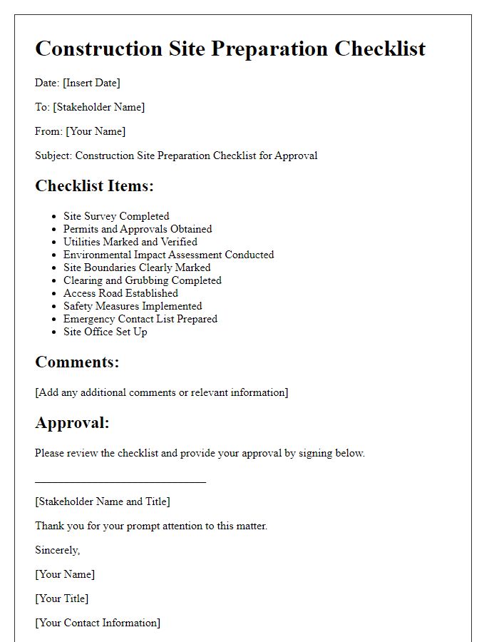 Letter template of construction site preparation checklist for stakeholder approval