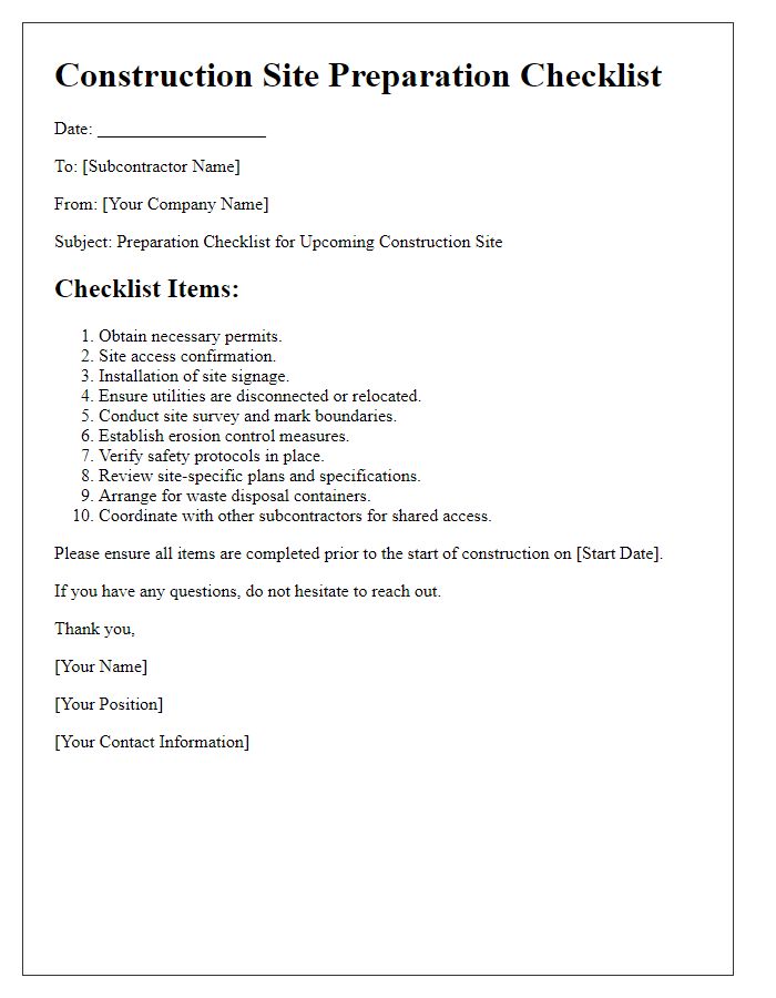 Letter template of construction site preparation checklist for subcontractors