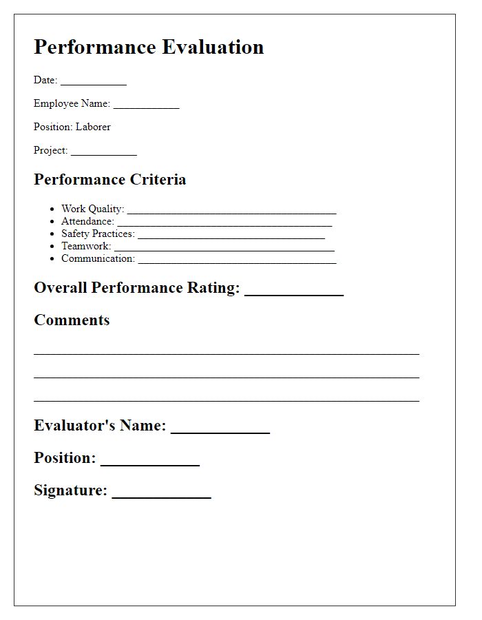 Letter template of construction labor performance evaluation