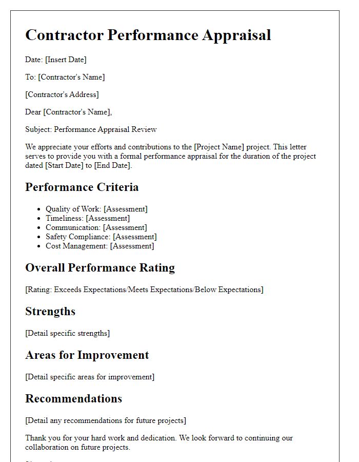 Letter template of contractor performance appraisal in construction