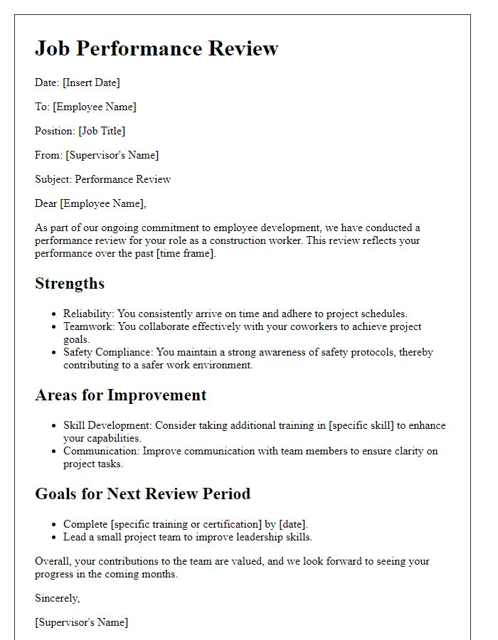 Letter template of job performance review for construction workers