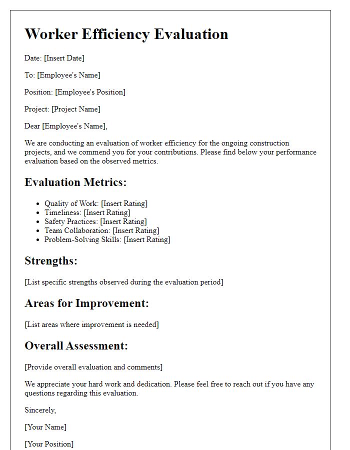 Letter template of worker efficiency evaluation in construction