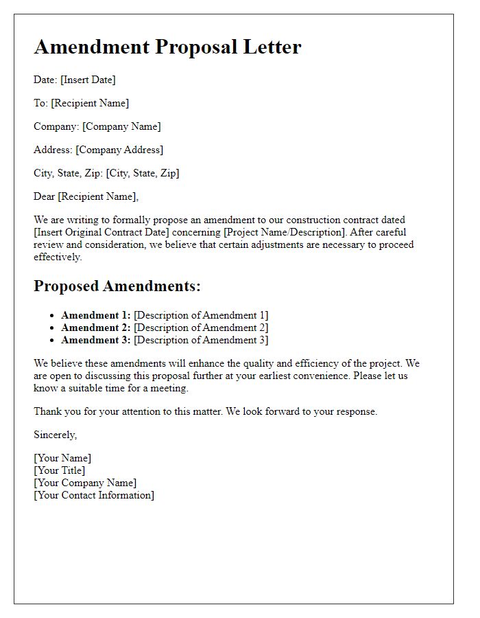 Letter template of amendment proposal for construction contract details.