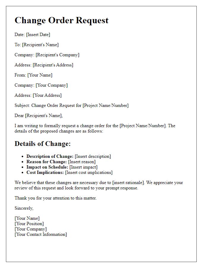 Letter template of formal change order request for construction project.