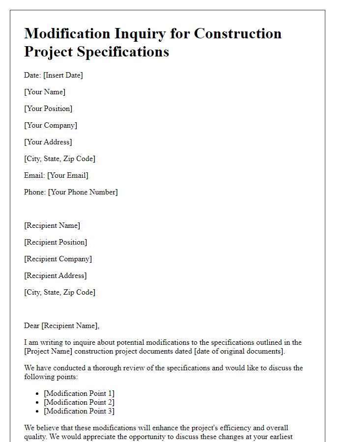 Letter template of modification inquiry for construction project specifications.