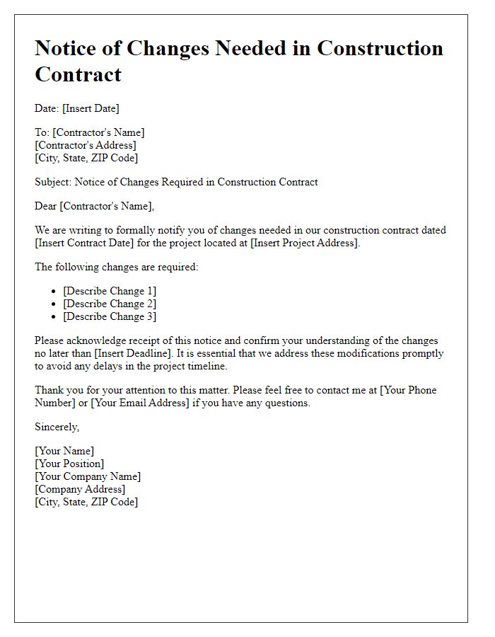 Letter template of notice of changes needed in construction contract.