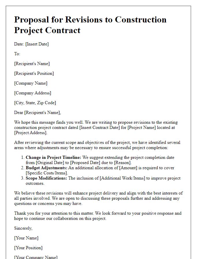 Letter template of proposal for revisions to construction project contract.