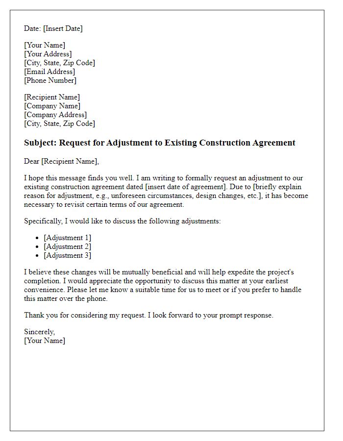 Letter template of request for adjustment to existing construction agreement.