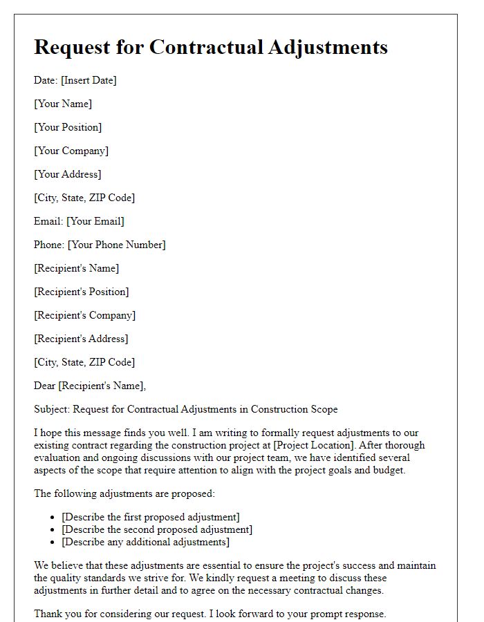 Letter template of request for contractual adjustments in construction scope.