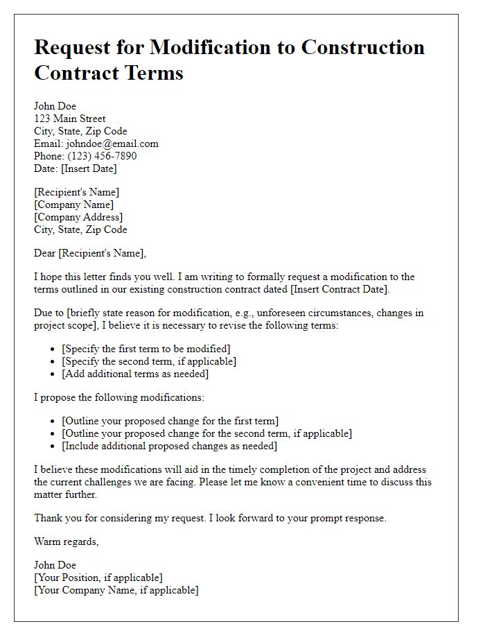 Letter template of request for modification to construction contract terms.