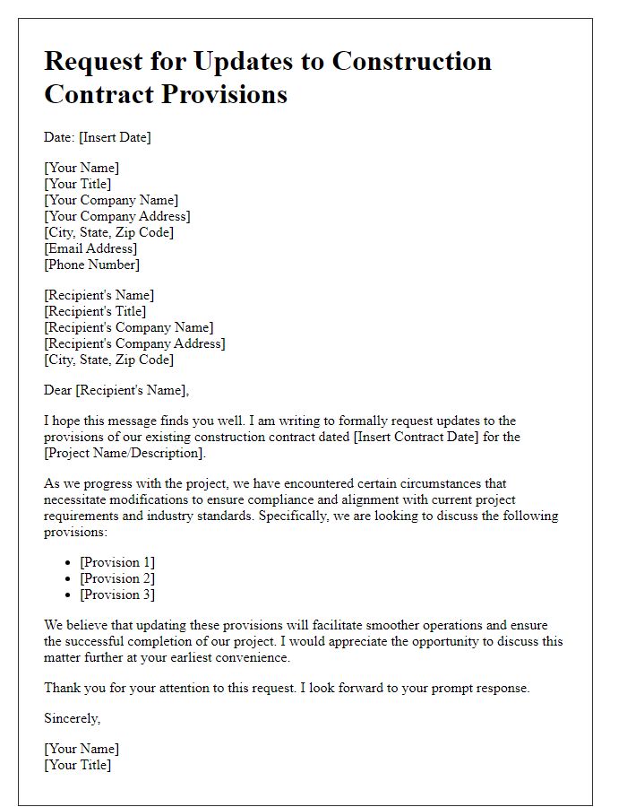 Letter template of request for updates to construction contract provisions.