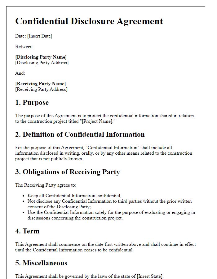 Letter template of Construction Project Confidential Disclosure Agreement