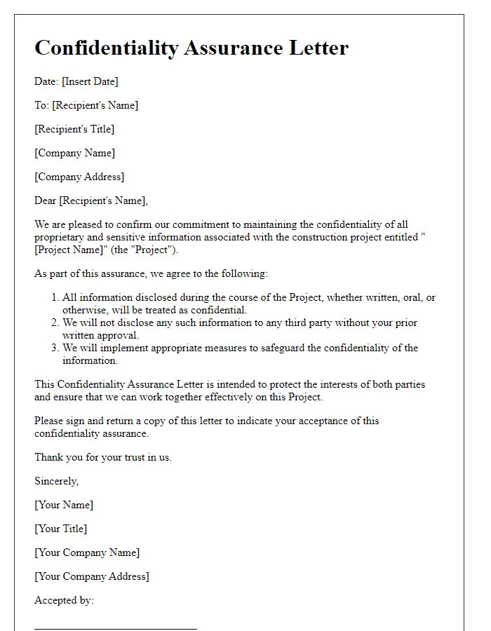 Letter template of Construction Project Confidentiality Assurance Letter