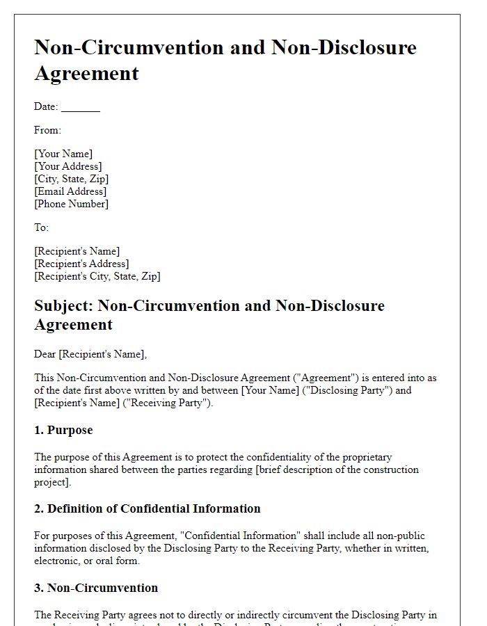 Letter template of Construction Project Non-Circumvention and Non-Disclosure Agreement