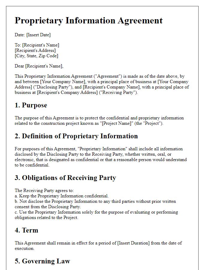 Letter template of Construction Project Proprietary Information Agreement