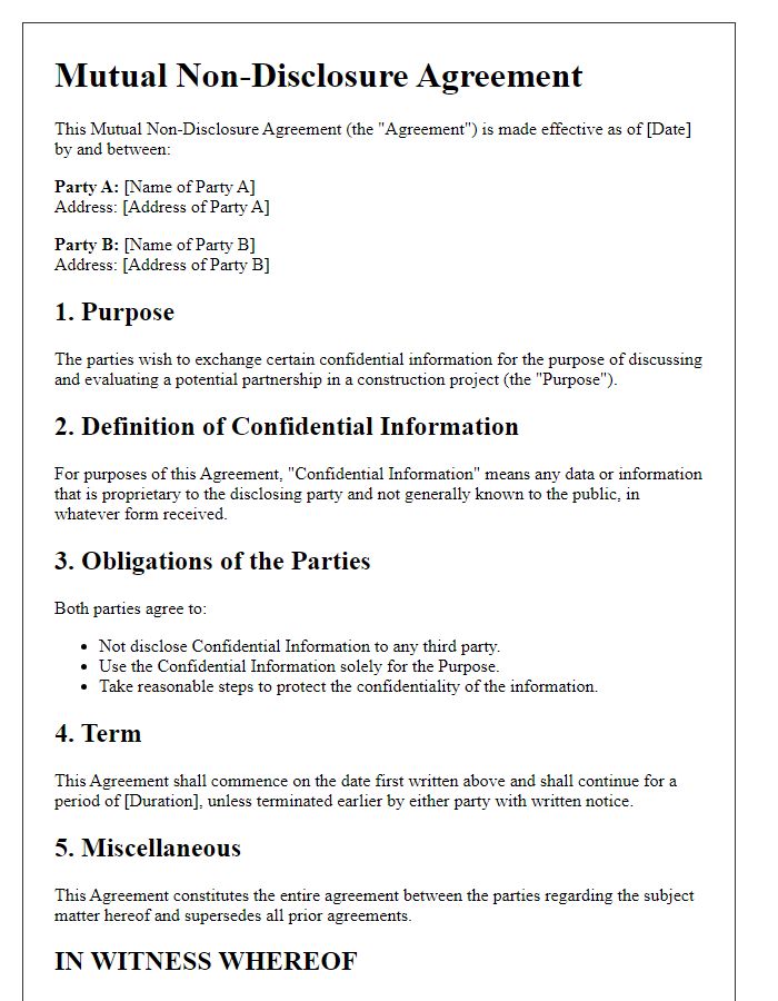 Letter template of Mutual Non-Disclosure Agreement for Construction Project Partners