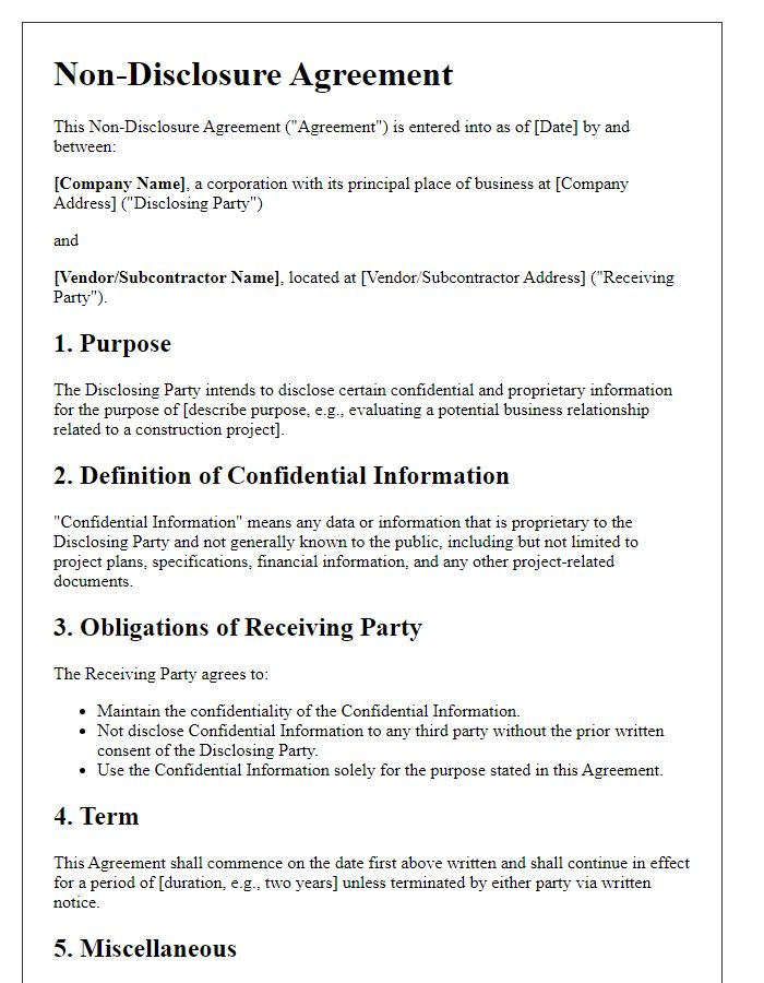 Letter template of Non-Disclosure Agreement for Construction Project Vendors and Subcontractors