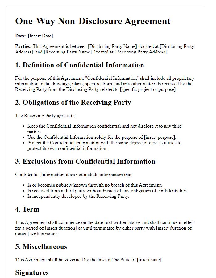 Letter template of One-Way Non-Disclosure Agreement for Construction Contracts