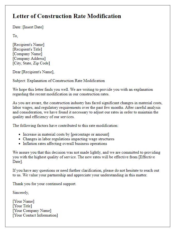 Letter template of construction rate modification explanation