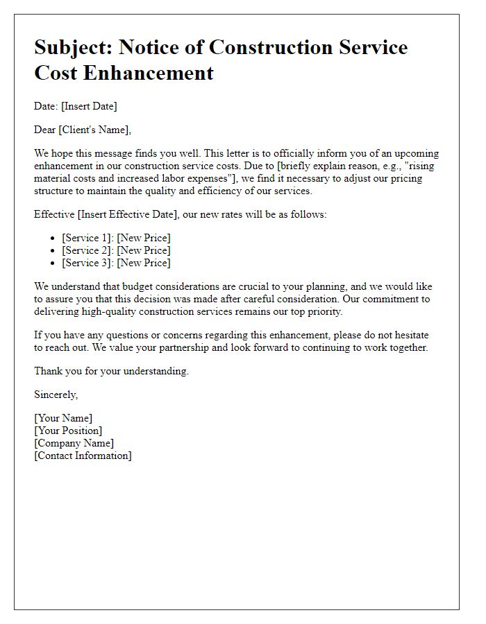 Letter template of construction service cost enhancement communication