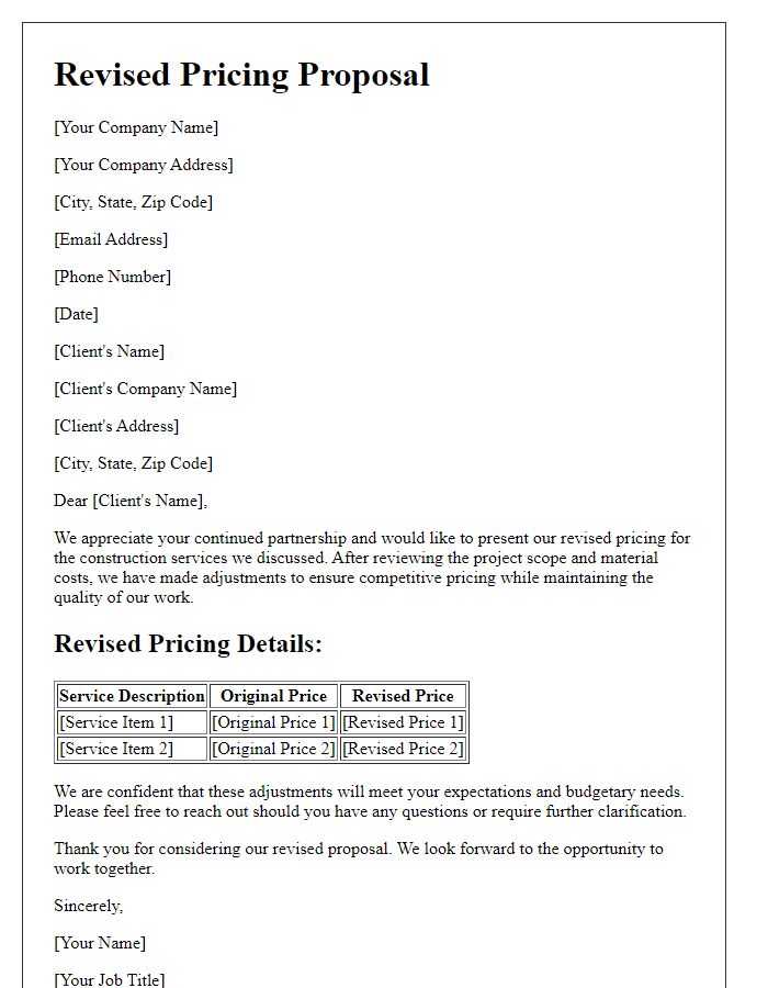 Letter template of revised pricing for construction services