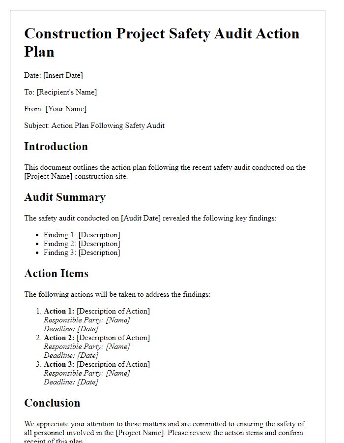 Letter template of construction project safety audit action plan