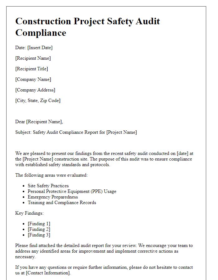 Letter template of construction project safety audit compliance