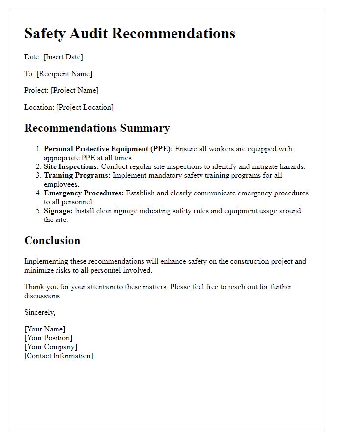 Letter template of construction project safety audit recommendations