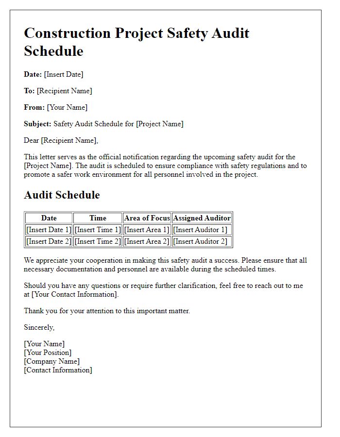 Letter template of construction project safety audit schedule
